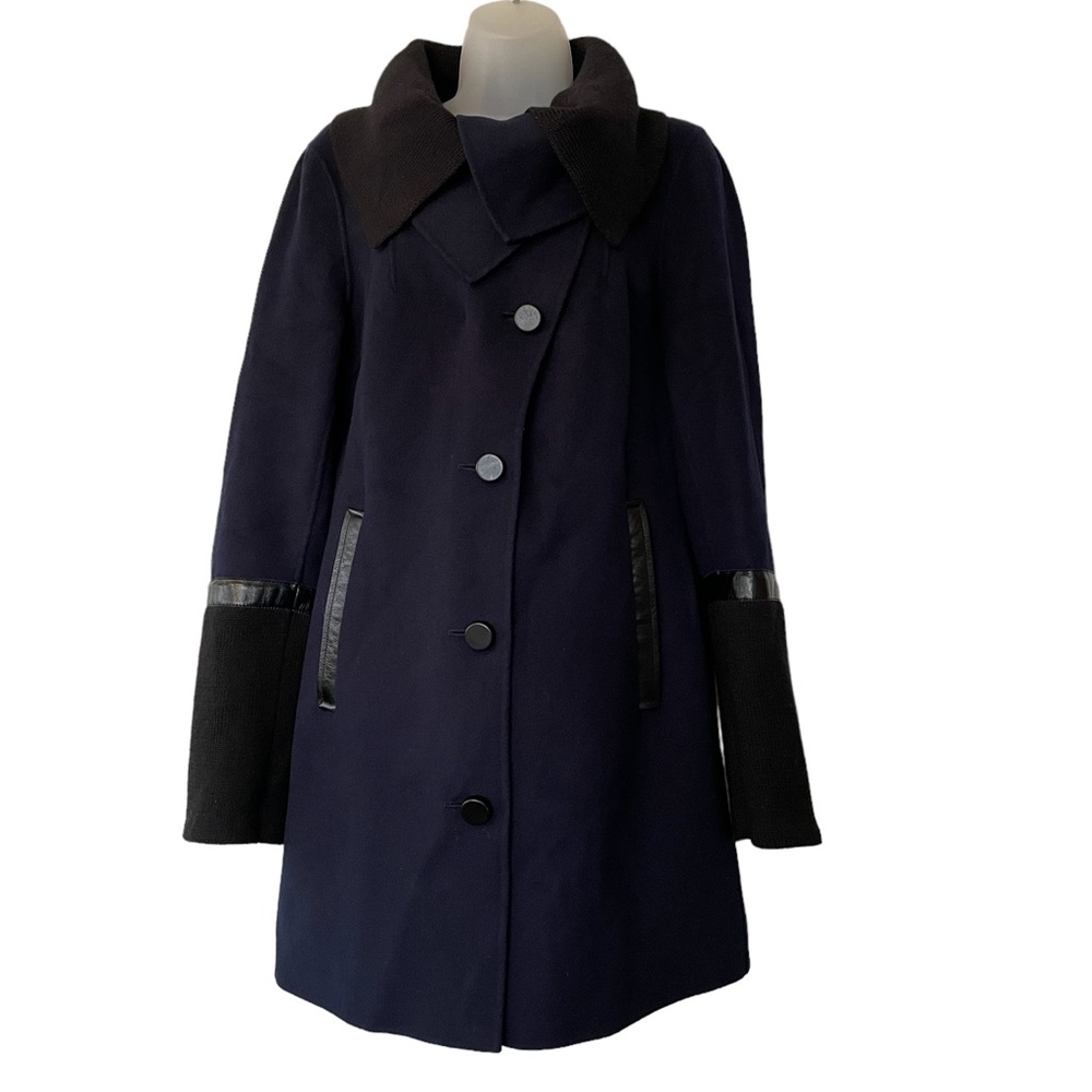 Mackage Wool Coat Button Down with leather trim Navy/Black Women’s Size Medium